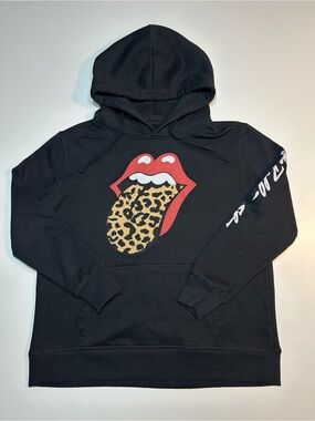 The Rolling Stones Graphic Hoodie Black Leopard Tongue Sleeve Print